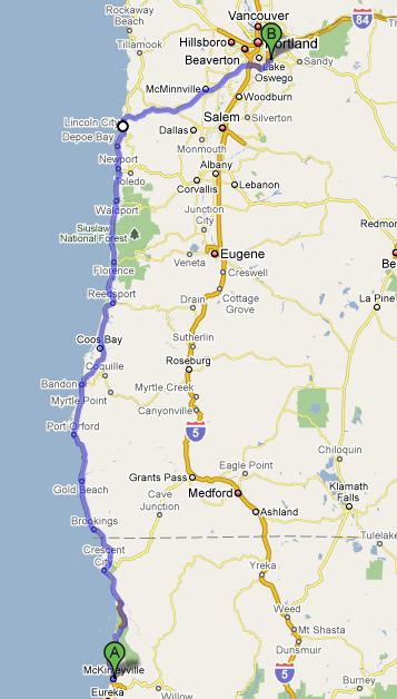 map showing the route from McKinleyville to Portland